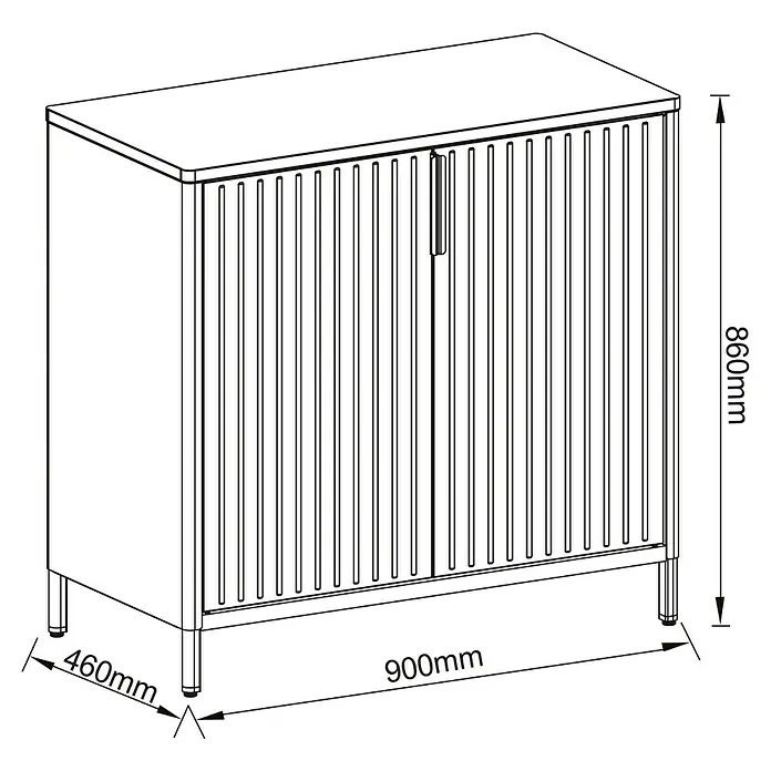 Sunfun Solo Garten-Aufbewahrungschrank - L x B x H: 90 x 46 x 86 cm, Stahl, Polywood, Night-Grey - Zeichnung eines stilvollen Sideboards mit Lamellenfront, Maße 900x460x860mm.