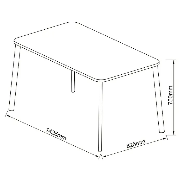 Sunfun Gastro Gartentisch - L x B x H: 142,5 x 82,5 x 75 cm, Stahl, Night-Grey, Stapelbar - Skizze eines Tisches mit rechteckiger Tischplatte und den Maßen 1425mm x 825mm und einer Höhe von 750mm.