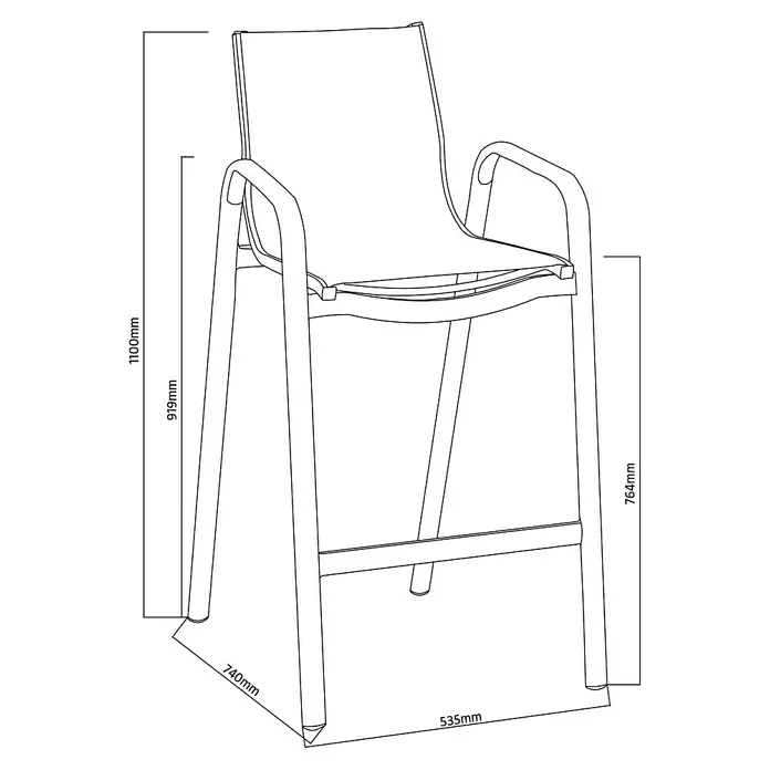 Sunfun Gastro Garten-Barhocker - Stahl, Textilen, Stapelbar, Night-Grey, B x T x H: 53,5 x 74 x 110 cm - Abbildung eines Barstuhls mit Armlehnen und den dazugehörigen Maßen, die seine Höhe, Breite und Tiefe zeigen.