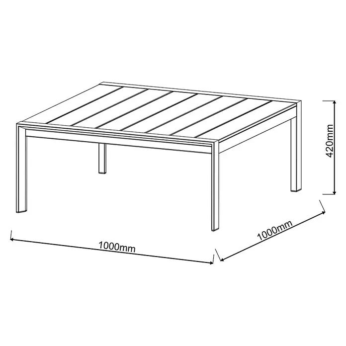 Sunfun Maja Loungetisch Holzoptik - L x B x H: 100 x 100 x 42 cm, Aluminium, Night-Grey - Abbildung eines quadratischen Tisches mit Holzlattenplatte und den Maßen 1000 mm x 1000 mm x 420 mm.