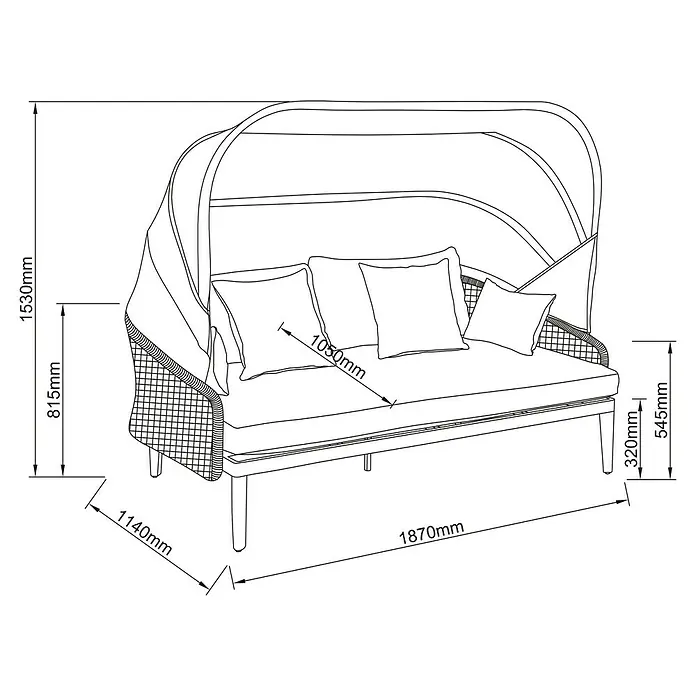 Sunfun Solo Rope Loungesofa - B x T x H: 187 x 114 x 81,5 cm, Aluminium, Olefin, Light-Greige - Abbildung eines Gartensofas mit Baldachin, Maße sind eingezeichnet.