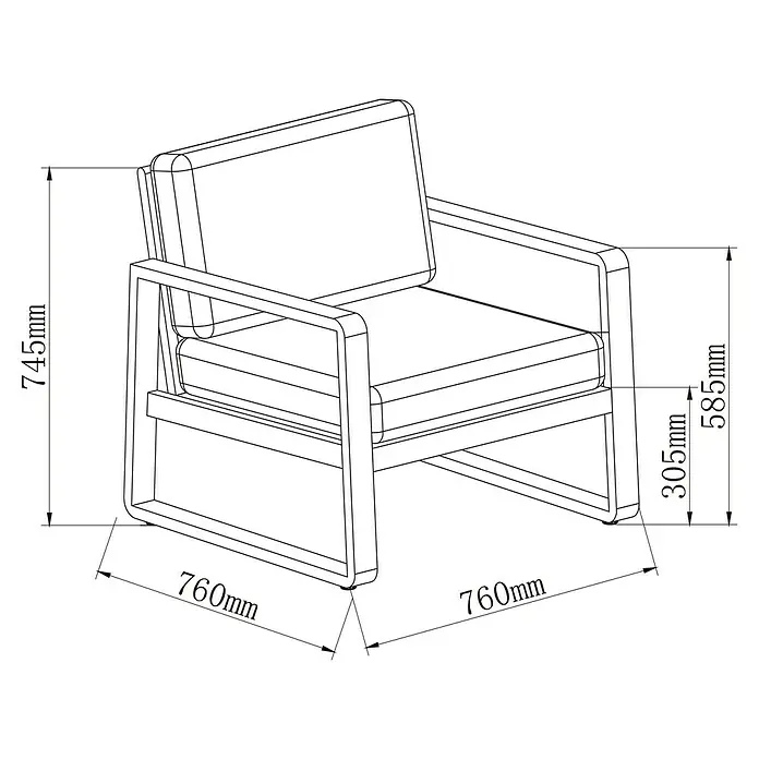 Sunfun Maja Loungesessel - B x T x H: 76 x 76 x 74,5 cm, Aluminium, Olefin, Night-Grey - Produktdiagramm eines Sessels mit Maßangaben. Eine stilvolle Ergänzung für jeden Wohnraum.