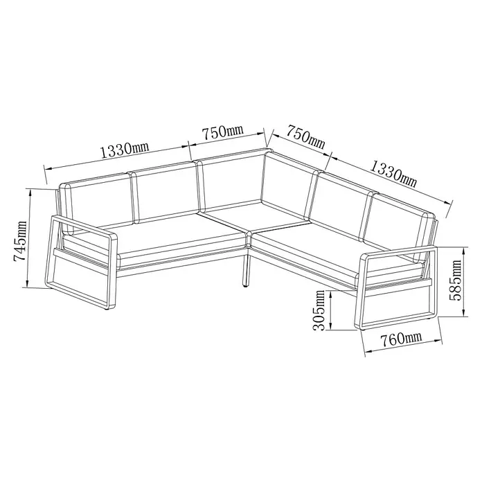 Sunfun Maja Loungesofa-Eckelement - Aluminium, Olefin, Night-Grey - Darstellung der Abmessungen eines modularen Ecksofas mit Rahmen und Polstern in Millimetern.
