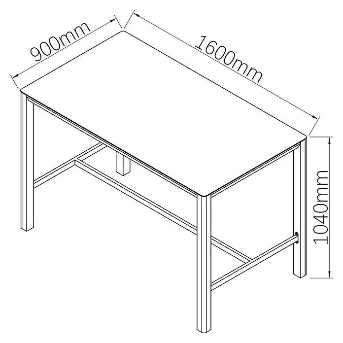 Sunfun Maja Bartisch - L x B x H: 160 x 90 x 104 cm, Aluminium, Night-Grey - Darstellung eines rechteckigen Esstisches mit Metallgestell und den Maßen 1600 mm Länge, 900 mm Breite und 1040 mm Höhe.