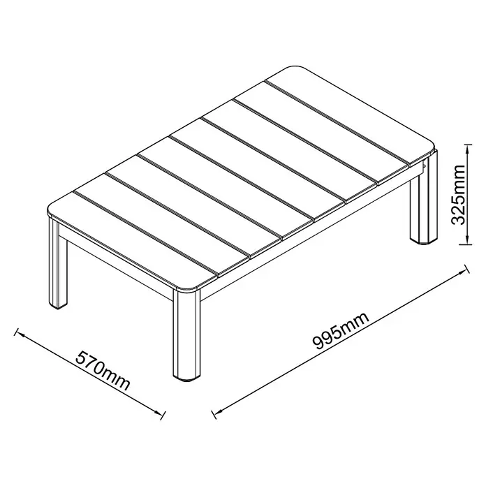 Sunfun Solo Loungetisch - B x T x H: 99,5 x 57 x 32,5 cm, Aluminium, Light-Greige - Bild einer Garten-Kaffeetisch-Illustration mit den Maßen 995 mm Länge, 570 mm Breite und 325 mm Höhe.
