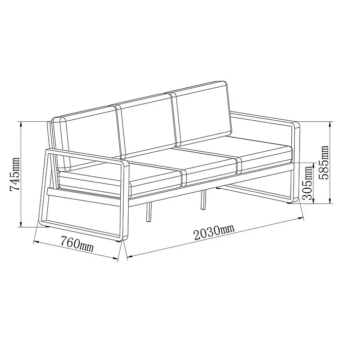 Sunfun Maja Loungesofa 3-Sitzer - B x T x H: 203 x 76 x 74,5 cm, Aluminium, Olefin, Night-Grey - Abbildung eines Sofas mit Maßen. Das Sofa ist modern und hat eine klare Linienführung, Maße sind in Millimeter angegeben.