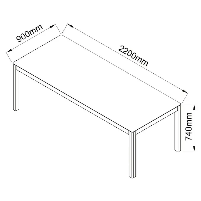 Sunfun Maja Gartentisch - L x B x H: 220 x 90 x 74 cm, Aluminium, Glas, Night-Grey - Illustration eines Tisches mit den Maßen 2200 mm Länge, 900 mm Breite und 740 mm Höhe.