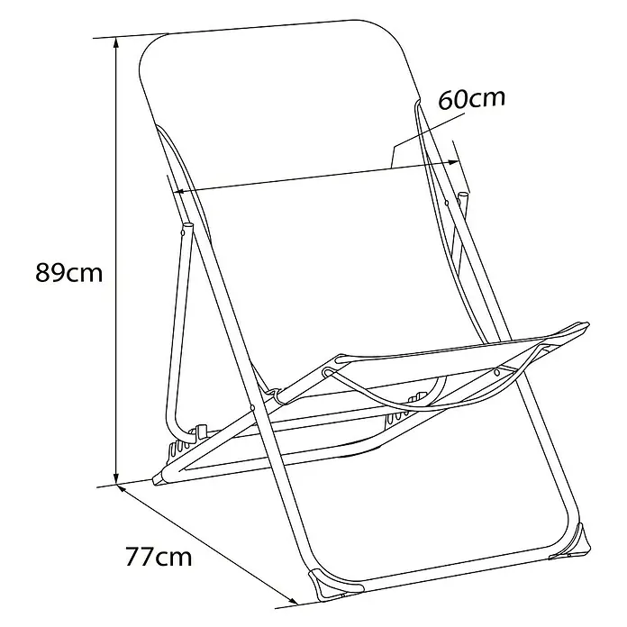 Sunfun Strandstuhl - B x T x H: 60 x 77 x 89 cm, Stahl, Textil, Urban Green - Eine Strichzeichnung eines Klappstuhls mit Höhenangaben: 89 cm Gesamthöhe, 60 cm Sitzhöhe und 77 cm Tiefe.
