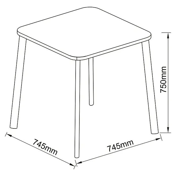 Sunfun Gastro Gartentisch - L x B x H: 74,5 x 75 x 74,5 cm, Stahl, Night-Grey, Stapelbar - Abbildung eines quadratischen Tisches mit Maßen 745 mm x 745 mm und einer Höhe von 750 mm.
