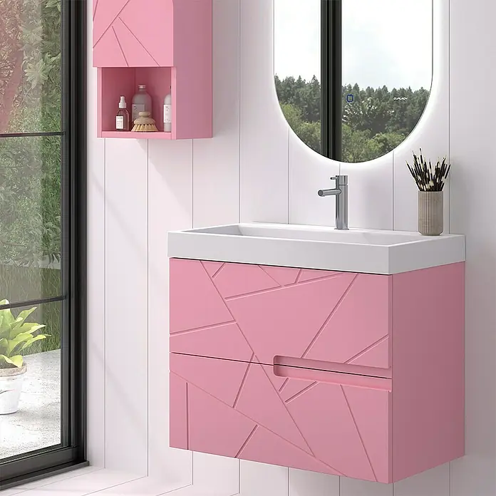 Duplach Mueble bajo de lavabo Gurla - L x An x Al: 45 x 60 x 60 cm, Rosa - Mueble de lavabo rosa con patrón geométrico y lavabo sobre encimera blanco para baños modernos.\n