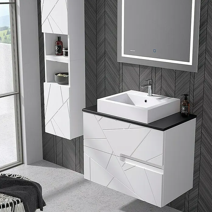Duplach Mueble bajo de lavabo Gurla - L x An x Al: 45 x 100 x 60 cm, Blanco - Un baño moderno con muebles blancos y un lavabo elegante con espejo y unidad de almacenamiento suspendida.