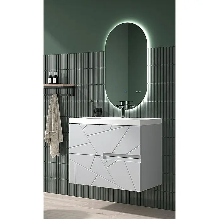 Duplach Mueble bajo de lavabo Gurla - L x An x Al: 45 x 60 x 60 cm, Gris - Mueble de baño moderno con diseño geométrico y espejo LED. Elegante accesorio de baño para un ambiente contemporáneo.