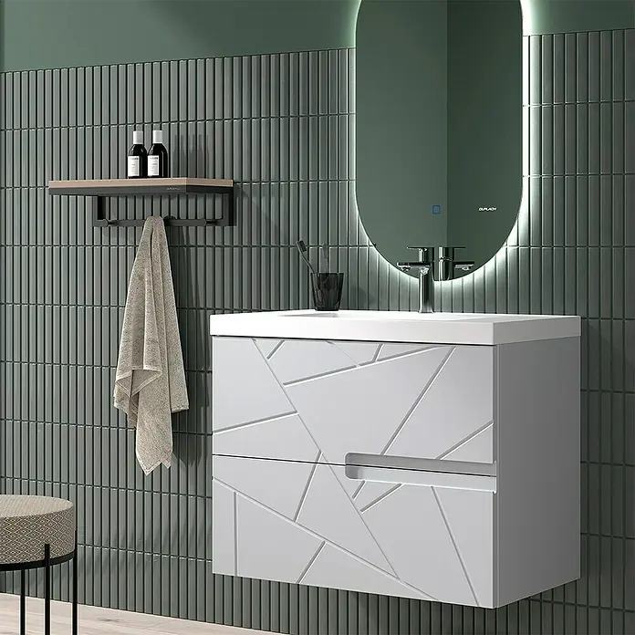 Duplach Mueble bajo de lavabo Gurla - L x An x Al: 45 x 60 x 60 cm, Gris - Baño con un moderno mueble de lavabo con diseño geométrico y espejo iluminado.