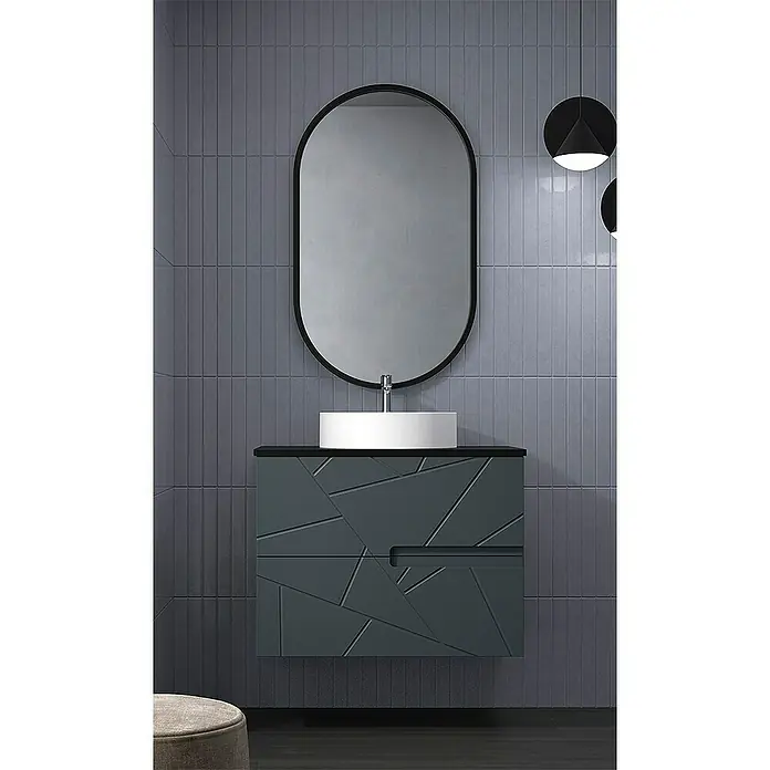 Duplach Mueble bajo de lavabo Gurla - L x An x Al: 45 x 80 x 60 cm, Antracita - Lavabo de baño moderno con mueble en color antracita y espejo ovalado. El diseño es elegante y contemporáneo.