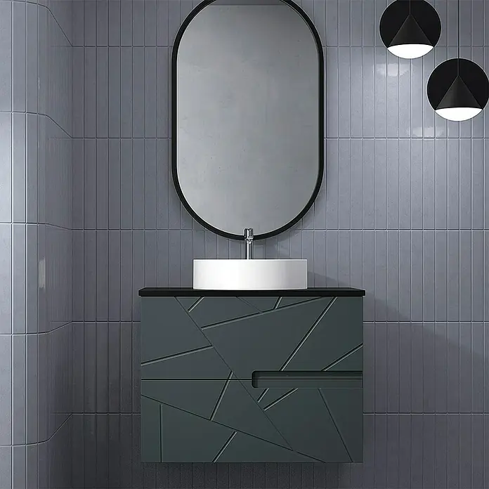 Duplach Mueble bajo de lavabo Gurla - L x An x Al: 45 x 80 x 60 cm, Antracita - Elegante mueble de baño con patrones geométricos y espejo ovalado. Diseño moderno para baños con lavabo sobre encimera.
