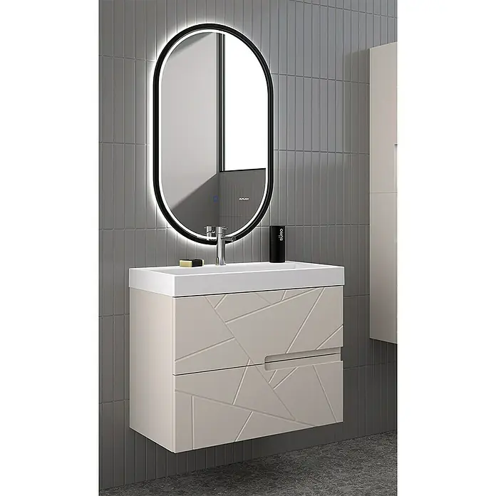 Duplach Mueble bajo de lavabo Gurla - L x An x Al: 45 x 80 x 60 cm, Beige - Elegante lavabo de baño con diseño geométrico y espejo iluminado para detalles de estilo.