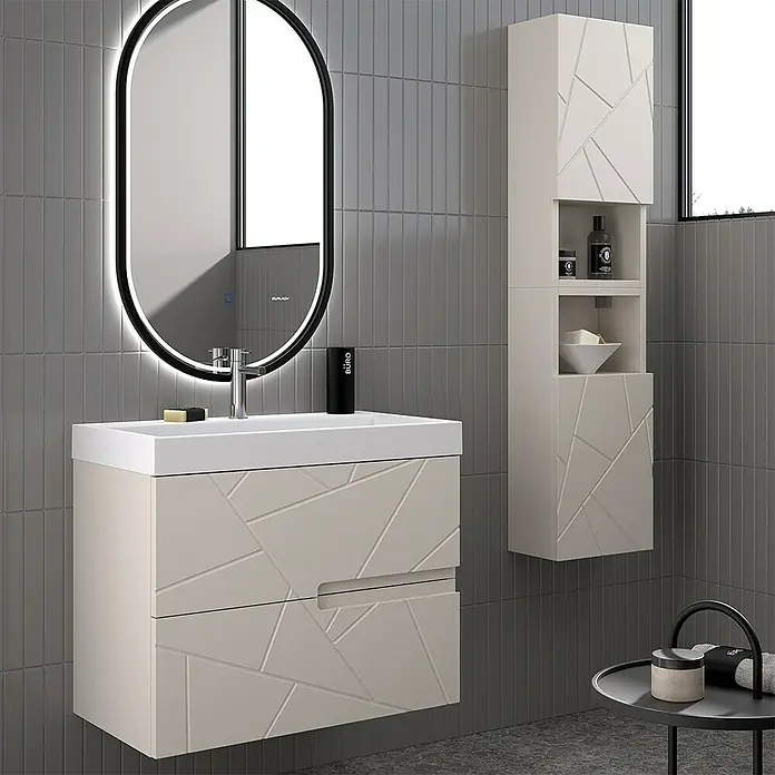 Duplach Mueble bajo de lavabo Gurla - L x An x Al: 45 x 80 x 60 cm, Beige - Elegante conjunto de baño con mueble de lavabo, armario con espejo y espejo LED con un patrón geométrico en beige y blanco.