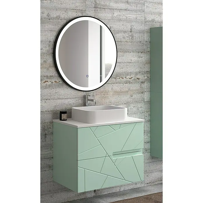 Duplach Mueble bajo de lavabo Gurla - L x An x Al: 45 x 100 x 60 cm, Menta - Mueble de baño con armario verde y espejo redondo con iluminación integrada para un ambiente moderno.