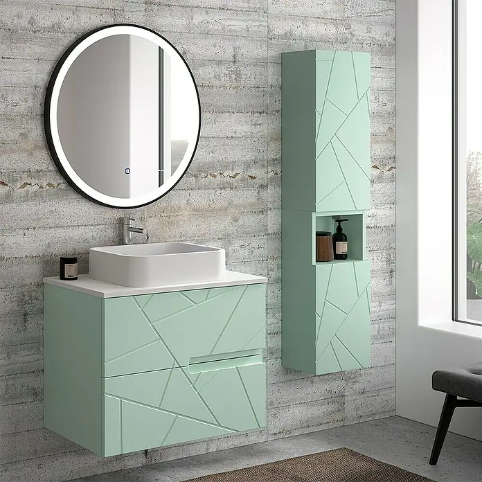 Duplach Mueble bajo de lavabo Gurla - L x An x Al: 45 x 100 x 60 cm, Menta - Diseño de baño moderno con mueble de lavabo verde menta, columna y espejo LED, para un espacio funcional y elegante.