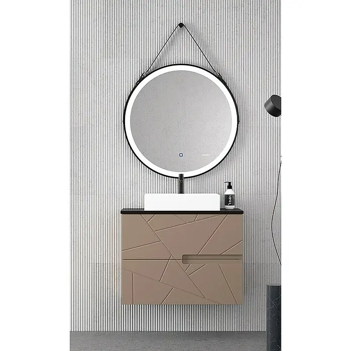 Duplach Mueble bajo de lavabo Gurla - L x An x Al: 45 x 100 x 60 cm, Moka - Elegante mueble de lavabo con diseño moderno, espejo redondo y frontal geométrico. Ideal para cualquier baño.