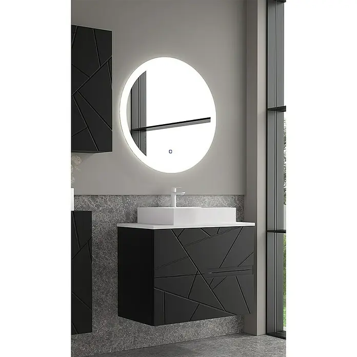 Duplach Mueble bajo de lavabo Gurla - L x An x Al: 45 x 60 x 60 cm, Negro - Mueble de baño negro con patrón geométrico y espejo redondo con iluminación LED.