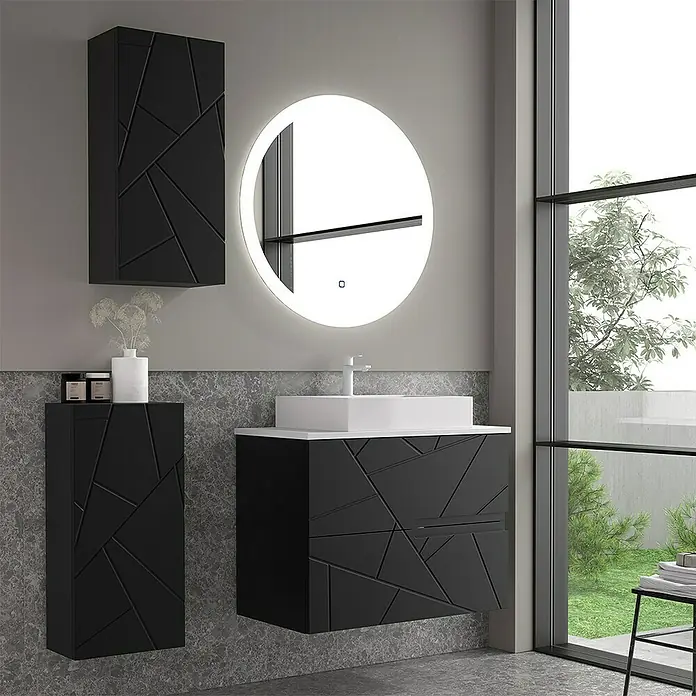 Duplach Mueble bajo de lavabo Gurla - L x An x Al: 45 x 60 x 60 cm, Negro - Elegante conjunto de baño negro con diseño geométrico, incluye mueble de lavabo, armario alto y espejo iluminado.