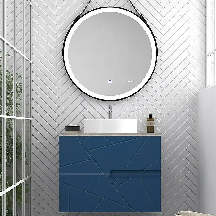 Duplach Mueble bajo de lavabo Gurla - L x An x Al: 45 x 60 x 60 cm, Oceano - Mueble de baño azul con espejo redondo iluminado y lavabo blanco. Diseño elegante para baños modernos.