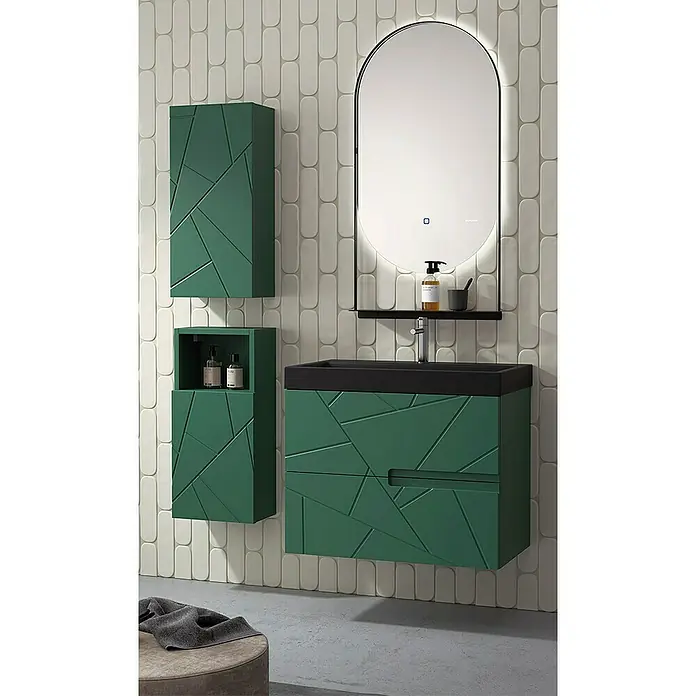 Duplach Mueble bajo de lavabo Gurla - L x An x Al: 45 x 80 x 60 cm, Oliva - Baño con tocador verde geométrico moderno, armario con espejo y espejo ovalado con iluminación para un ambiente elegante.