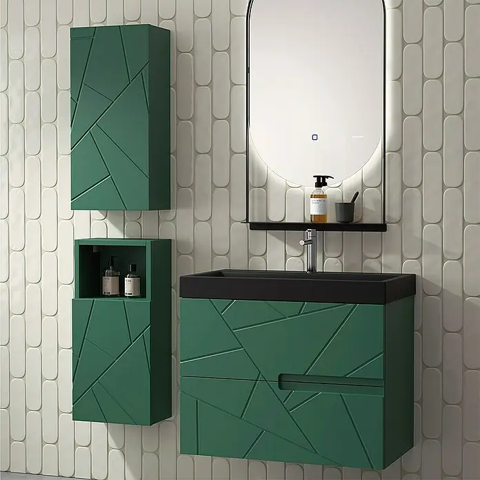 Duplach Mueble bajo de lavabo Gurla - L x An x Al: 45 x 80 x 60 cm, Oliva - Elegante conjunto de baño en verde bosque con patrones geométricos, incluyendo un tocador, espejo y armarios de pared.