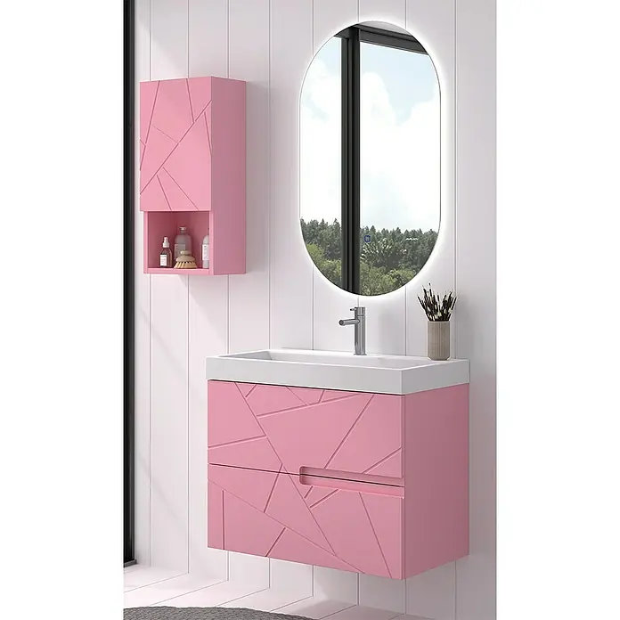 Duplach Mueble bajo de lavabo Gurla - L x An x Al: 45 x 60 x 60 cm, Rosa - Mueble de baño rosa con espejo y lavabo. El diseño geométrico añade un toque lúdico al baño moderno.