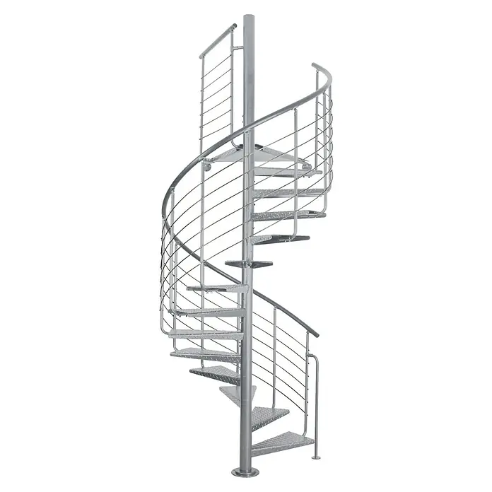 Atrium Spindeltreppe Heavy Metal - Farbton Metall: RAL 9006, Durchmesser: 144 cm, Riffelblech, Geschosshöhe: 280 cm - 300 cm - Eine silberne Wendeltreppe mit einem Geländer, die sich um eine zentrale Säule windet.