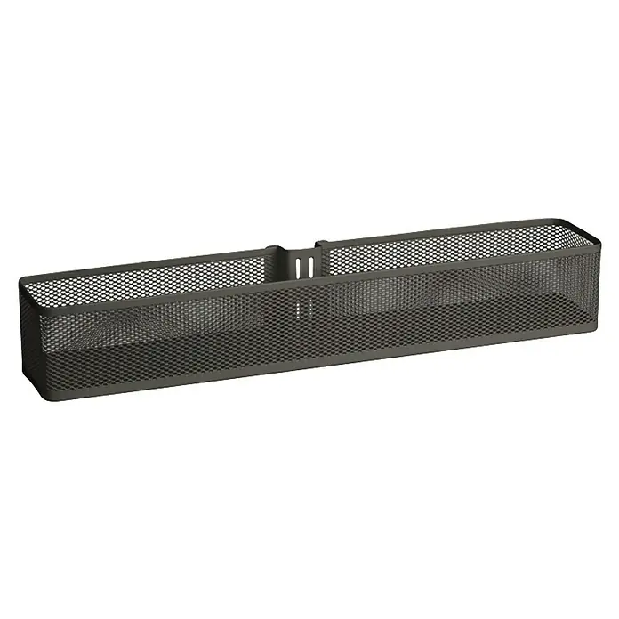 Elfa Classic by Elfa Gitterkorb - L x B x H: 8,1 x 43,5 x 7,4 cm, Graphit - Das Bild zeigt einen grauen Schreibtisch-Organizer aus Metallgeflecht mit zwei Fächern zur Aufbewahrung von Büromaterial.
