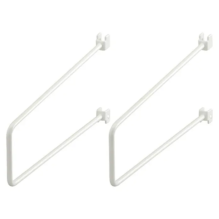 Elfa Classic by Elfa Buchstütze für Wandleiste - L x B x H: 25 x 1,9 x 7,5 cm, Weiß, 2 Stk. - Nahaufnahme einer weißen, rechteckigen Schrankaufhängung mit Stahlstreben, die Stabilität und Ordnung im Kleiderschrank gewährleistet.