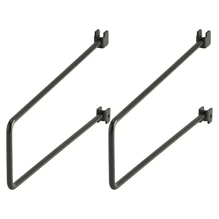 Elfa Classic by Elfa Buchstütze für Wandleiste - L x B x H: 25 x 1,9 x 7,5 cm, Graphit, 2 Stk. - Nahaufnahme eines Ablagekorbes aus Metall, der für zusätzlichen Stauraum konzipiert ist und eine robuste, minimalistische Ästhetik bietet.