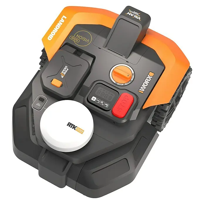 Worx PowerShare 20V Mähroboter S300 Vision Cloud WR303E - 300 m², Schnittbreite: 18 cm, Satellitengestützte Navigation, RTK - Abbildung eines Worx Landroid-Robotermähers, der intelligente Technologie und effizientes Rasenmähen vereint.