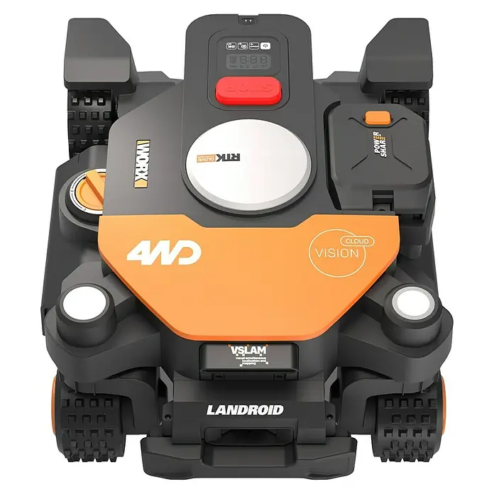 Worx PowerShare 20V Mähroboter L1000 AWD Landroid Vision AI RTK WR341E - 1.000 m², Schnittbreite: 22 cm, Satellitengestützte Navigation, RTK - Der Landroid 4WD Rasenmähroboter mit RTK Cloud Vision für eine präzise und effiziente Rasenpflege.