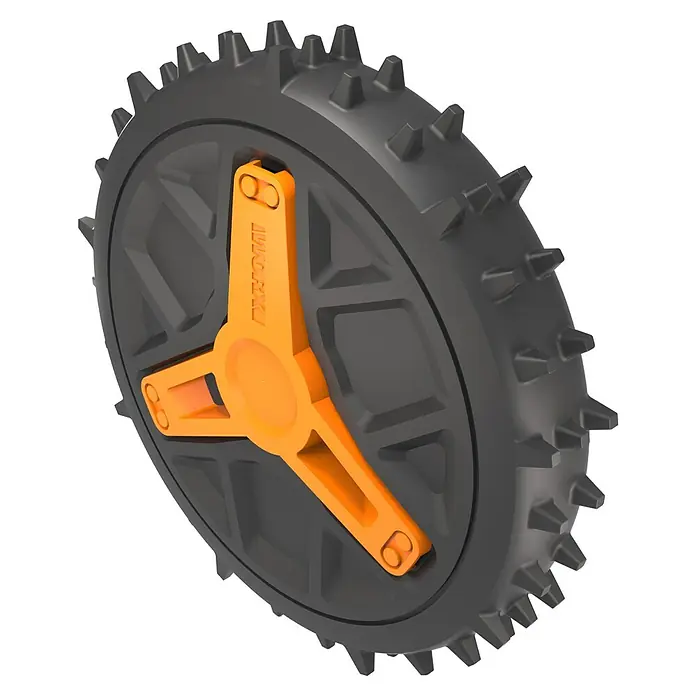 Worx Antriebsräder für Mähroboter - Passend für: Worx Mähroboter Vision 2.0 S/M Modelle, 1 Stk. - Nahaufnahme eines schwarzen Worx Aerocore-Rads mit einem orangefarbenen Mittelteil. Ideal für Rasenbelüftung und Traktion.