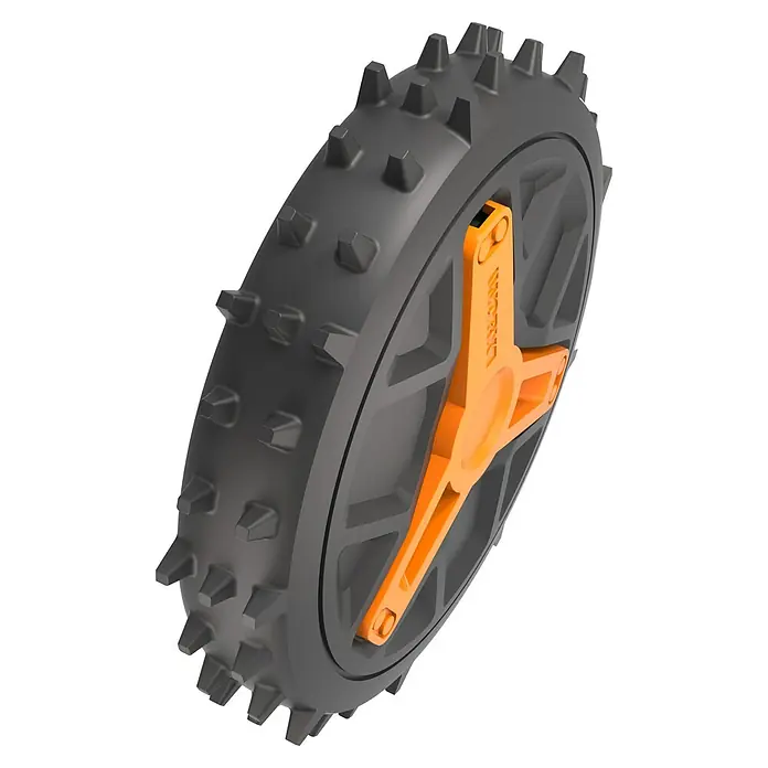 Worx Mähroboter-Geländereifen WA0966 - Passend für: Vision Cloud L-Modelle, 2 Stk. - Nahaufnahme eines robusten, grauen Geländerads mit markanten Stollen und einer orangefarbenen Radnabe für den Einsatz im Gelände.