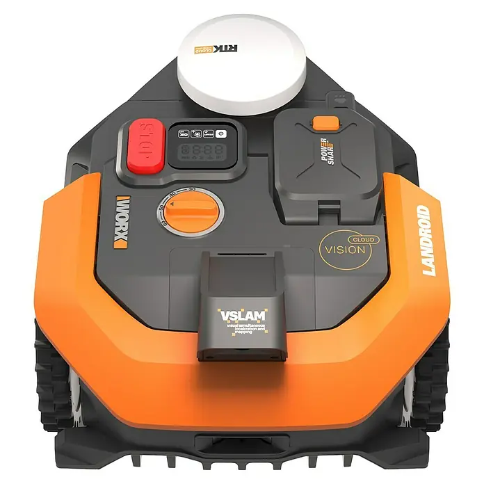 Worx PowerShare 20V Mähroboter S300 Vision Cloud WR303E - 300 m², Schnittbreite: 18 cm, Satellitengestützte Navigation, RTK - Bild eines Worx Landroid Rasenmähroboters. Intelligente Rasenpflege mit modernster Technologie für einen perfekten Garten.
