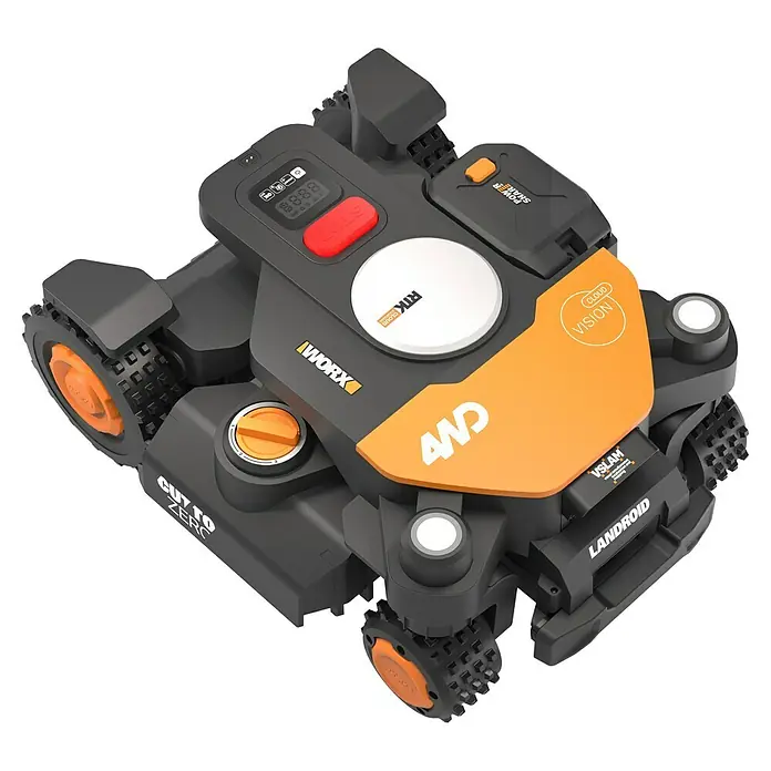 Worx PowerShare 20V Mähroboter L1000 AWD Landroid Vision AI RTK WR341E - 1.000 m², Schnittbreite: 22 cm, Satellitengestützte Navigation, RTK - Der WORX Landroid Vision 4WD Rasenmähroboter mit fortschrittlicher Hinderniserkennung und Allradantrieb für präzises Mähen.