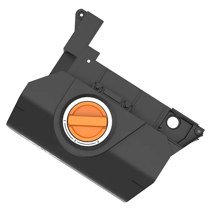 Worx Zusatzmodul für Mähroboter WA0928 - Passend für: Worx Landroid Vision Cloud AWD 4WD Mähroboter - Nahaufnahme eines Gerätes mit einem orangefarbenen Drehknopf, der mit den Ziffern 1, 2 und 3 beschriftet ist. Das Gerät ist dunkelgrau.