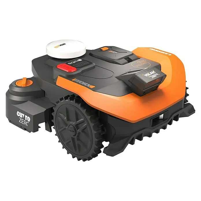 Worx PowerShare 20V Mähroboter L1200 Vision Cloud WR312E - 1.200 m², Schnittbreite: 22 cm, Satellitengestützte Navigation, RTK - Bild eines Worx-Rasenmähroboters, der autonom Rasenflächen pflegt und Hindernissen intelligent ausweicht.
