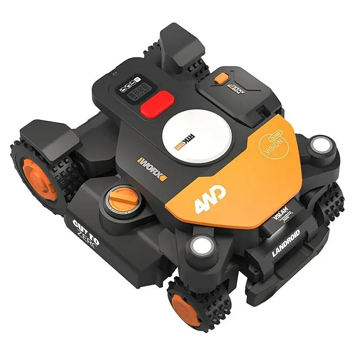 Worx PowerShare 20V Mähroboter L4000 AWD Landroid Vision AI RTK WR344E - 4.000 m², Schnittbreite: 22 cm, Satellitengestützte Navigation, RTK - Nahaufnahme eines WORX Landroid 4WD Rasenmähroboters, der modernste Technologie und robustes Design für die Rasenpflege vereint.