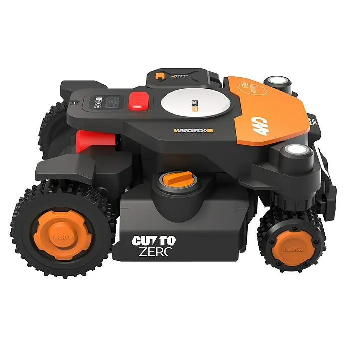 Worx PowerShare 20V Mähroboter L1000 AWD Landroid Vision AI RTK WR341E - 1.000 m², Schnittbreite: 22 cm, Satellitengestützte Navigation, RTK - Das Bild zeigt einen Worx Landroid Mähroboter, ein Hightech-Gartengerät für automatische Rasenpflege, mit innovativen Funktionen.