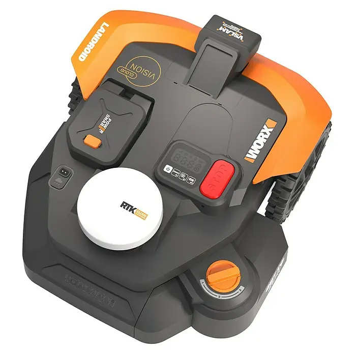 Worx PowerShare 20V Mähroboter L1200 Vision Cloud WR312E - 1.200 m², Schnittbreite: 22 cm, Satellitengestützte Navigation, RTK - Das Bild zeigt einen Worx Landroid Rasenmähroboter, der für die automatische Rasenpflege im Garten konzipiert ist.