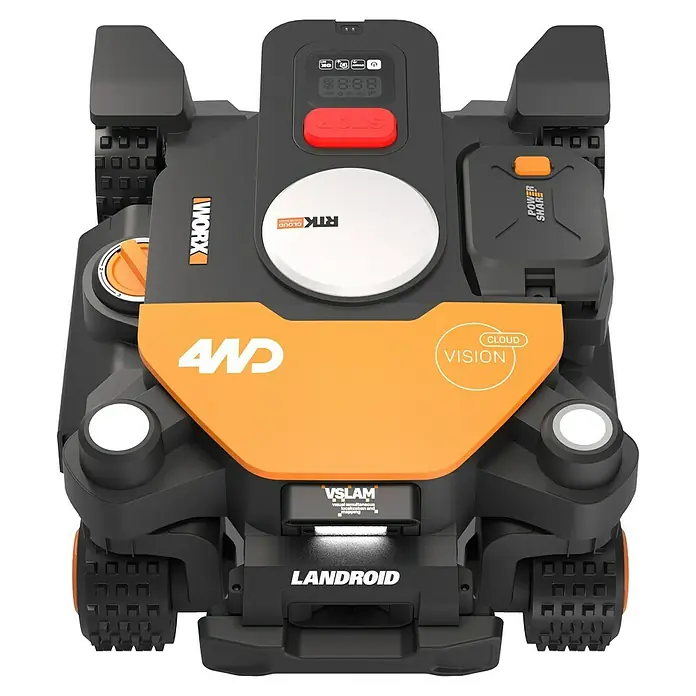 Worx PowerShare 20V Mähroboter L4000 AWD Landroid Vision AI RTK WR344E - 4.000 m², Schnittbreite: 22 cm, Satellitengestützte Navigation, RTK - Draufsicht des Worx Landroid 4WD RTK Mähroboters, der modernste Technologie für präzises und effizientes Mähen bietet.