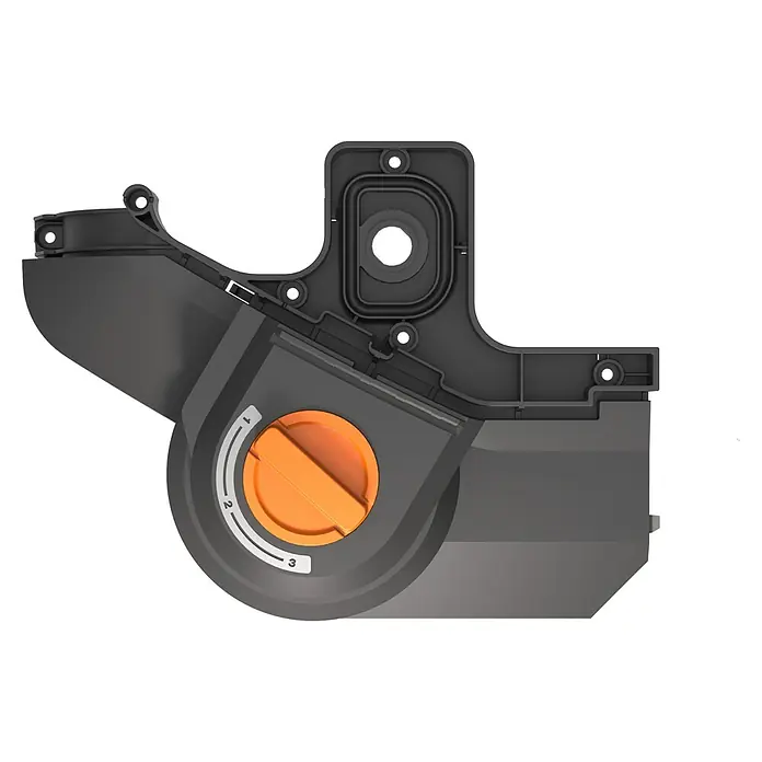 Worx Zusatzmodul für Mähroboter Cut to Zero WA0926 - Worx Landroid Vision Cloud L‑Modell - Detailaufnahme einer Mähroboter-Komponente. Sichtbar ist ein orangefarbener Drehknopf mit den Einstellungen 1 bis 3 zur Anpassung der Schnitthöhe.
