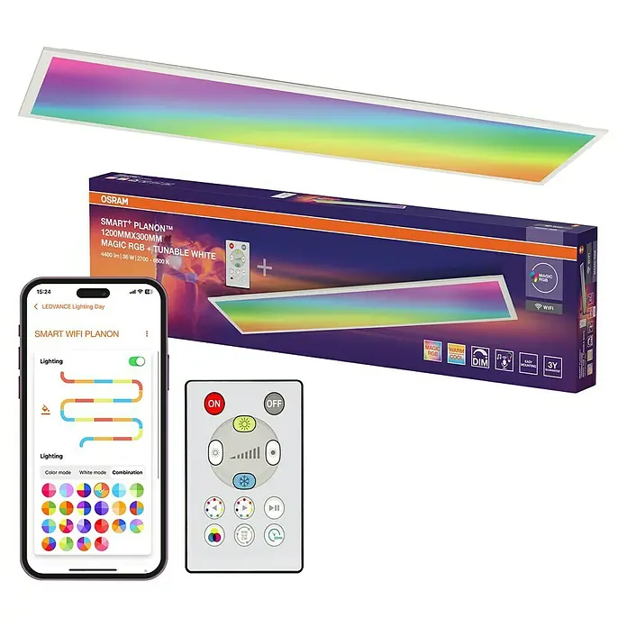 Osram Smart+ LED-Panel Planon Magic RGB + Tunable White - 36 W, L x B x H: 119,5 x 29,5 x 6 cm, Weiß, RGBW - Das Bild zeigt ein Osram Smart+ Planon LED-Panel, eine Fernbedienung und eine Smartphone-App zur Steuerung der Beleuchtung.