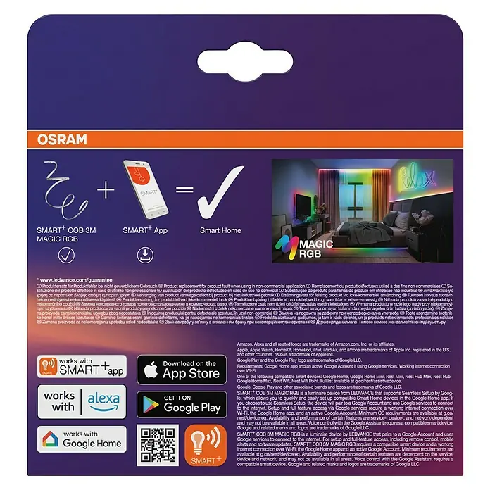 Osram Smart+ LED-Band COB - Länge: 300 cm, Lichtfarbe: RGB, 22 W, 220 V - 240 V - Verpackung der Osram Smart+ COB 3M Magic RGB LED-Lichterkette, die mit Apps und Sprachassistenten steuerbar ist.
