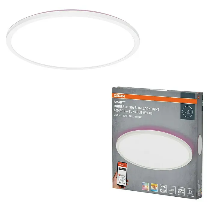 Osram Smart+ LED-Panel Ultra Slim Backlight - 40 W, Weiß, RGBW, Ø x H: 40 x 2,7 cm - Ein intelligentes OSRAM SMART+ Orbis Deckenlicht mit RGB-Funktion und einstellbarem Weißton, verpackt in einem ansprechenden Karton.